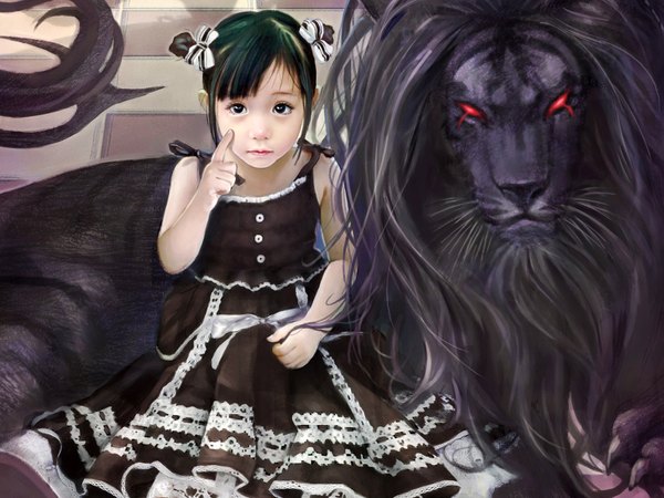 Anime picture 1600x1200 with original eat0123 single looking at viewer short hair black hair red eyes green hair black eyes realistic loli glowing glowing eye (eyes) cropped girl dress bow hair bow black dress lion
