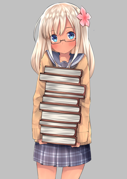 Anime picture 2508x3541 with kantai collection ro-500 submarine go-1 single long hair tall image looking at viewer blush fringe highres blue eyes simple background blonde hair hair between eyes standing holding long sleeves pleated skirt hair flower grey background