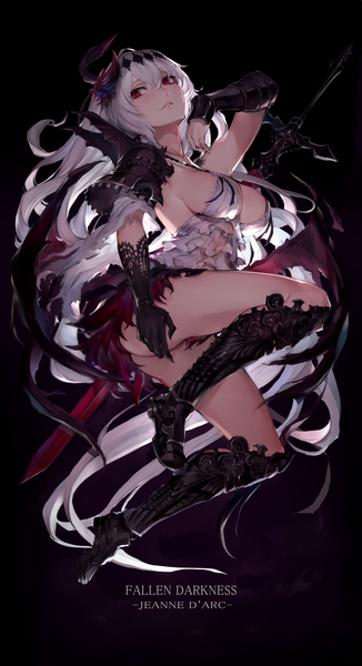 Anime picture 1099x2018 with shingeki no bahamut granblue fantasy jeanne d'arc (granblue fantasy) dark jeanne watao single long hair tall image blush fringe breasts light erotic simple background hair between eyes red eyes looking away cleavage silver hair full body ass