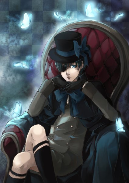Anime picture 2000x2829 with kuroshitsuji a-1 pictures ciel phantomhive miyako matsuo single tall image highres short hair blue eyes black hair sitting checkered background boy gloves bow insect butterfly cloak eyepatch armchair