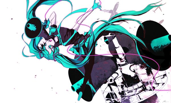 Anime picture 1024x620 with vocaloid koi wa sensou (vocaloid) hatsune miku zuzumoo (artist) single wide image twintails very long hair aqua eyes aqua hair girl skirt gloves necktie wire (wires) aircraft airplane megaphone