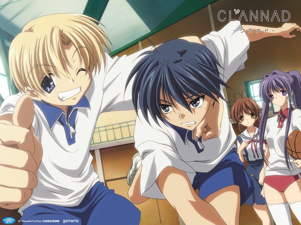 Anime picture 1024x768 with clannad key (studio) furukawa nagisa fujibayashi kyou okazaki tomoya sunohara youhei one eye closed wink wallpaper clenched teeth basketball thumbs up uniform school uniform gym uniform buruma