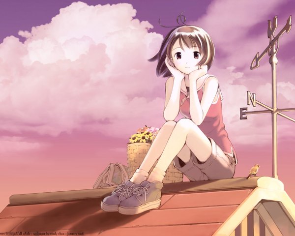 Anime picture 1280x1024 with mahou tsukai ni taisetsu na koto j.c. staff kikuchi yume yoshizuki kumichi short hair brown hair brown eyes sky cloud (clouds) ahoge outdoors wallpaper flower (flowers) animal shorts bird (birds) roof weather vane