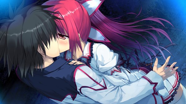 Anime picture 1280x720 with koiken otome yasukuni akane tateha (marvelous grace) long hair short hair black hair red eyes wide image game cg ponytail red hair couple kiss girl boy uniform bow hair bow school uniform