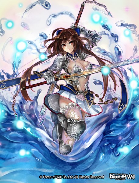 Anime picture 760x1000 with original pisuke single long hair tall image looking at viewer smile red eyes brown hair girl gloves bow weapon hair bow sword water elbow gloves armor bubble (bubbles)
