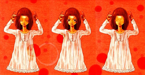 Anime picture 1500x784 with original dohi (bonno) fringe short hair wide image multiple girls brown eyes red hair eyes closed red background multiple persona girl 3 girls