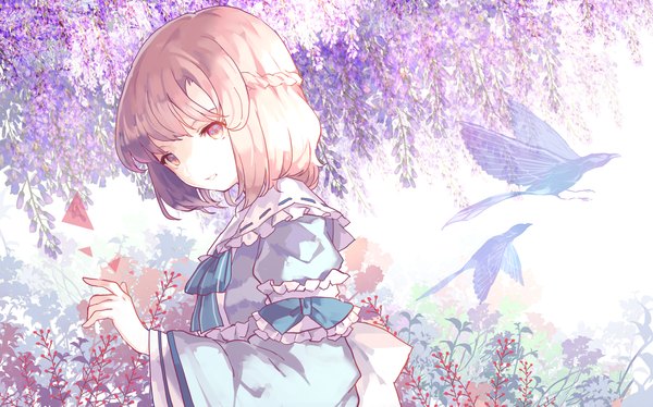 Anime picture 1250x781 with touhou saigyouji yuyuko hillly (maiwetea) single looking at viewer fringe short hair open mouth blonde hair smile wide image traditional clothes japanese clothes pink eyes teeth alternate hair color girl flower (flowers) bow animal