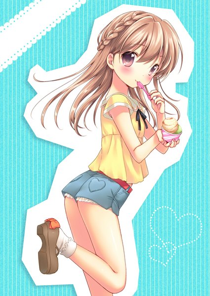 Anime picture 708x1000 with original usashiro mani single long hair tall image looking at viewer blush light erotic simple background blonde hair pink eyes blue background girl socks food shorts sweets short shorts white socks ice cream