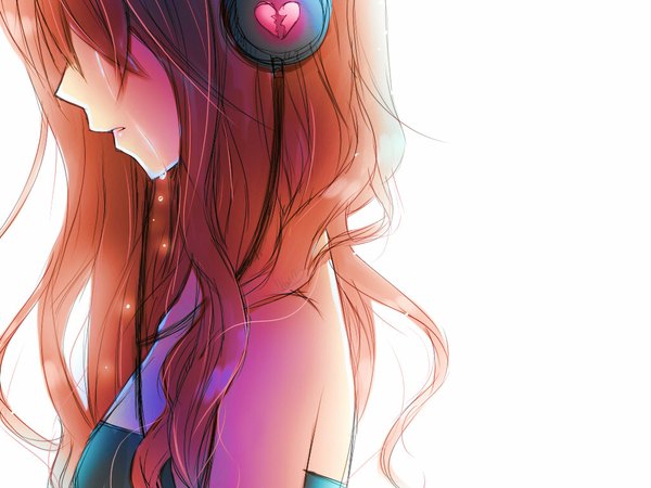 Anime picture 1024x768 with original nami (nyaa) single long hair open mouth simple background white background bare shoulders profile orange hair crying hair over eyes girl headphones teardrop