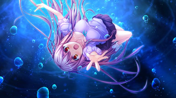 Anime picture 1280x720 with harvest overray giga tamaki yuuka single long hair looking at viewer blush open mouth red eyes wide image pink hair game cg underwater girl skirt bubble (bubbles)