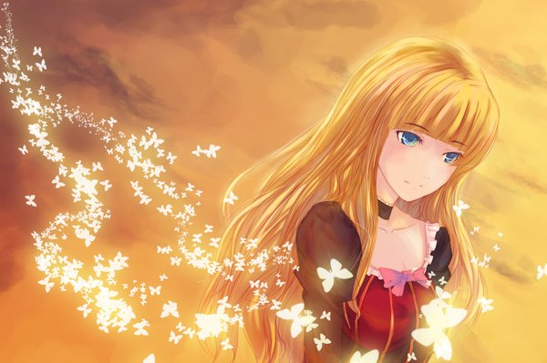 Anime picture 2000x1333 with umineko no naku koro ni beatrice single long hair fringe highres blue eyes blonde hair looking away upper body outdoors blunt bangs long sleeves girl dress bow choker insect butterfly