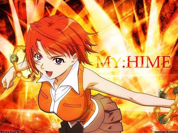 Anime picture 1024x768 with mai hime sunrise (studio) tokiha mai james hildenbrand (redxxii) hisayuki hirokazu single looking at viewer short hair open mouth purple eyes signed :d pleated skirt orange hair copyright name spread arms third-party edit girl skirt miniskirt