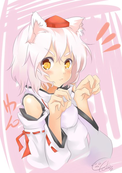 Anime picture 3011x4277 with touhou inubashiri momiji cekonikova single tall image looking at viewer blush fringe highres short hair signed animal ears yellow eyes absurdres upper body white hair eyebrows pink background wolf ears wolf girl
