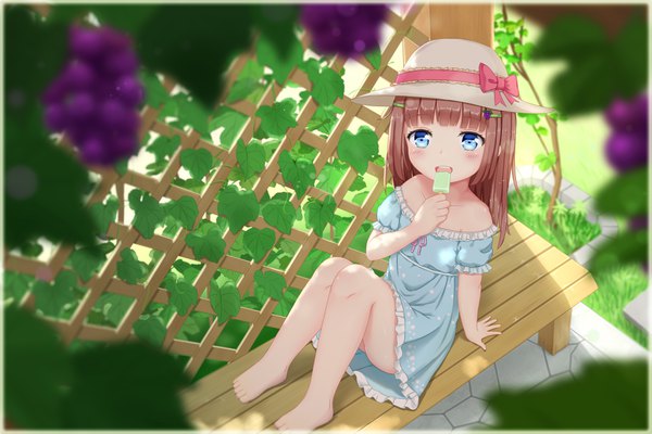 Anime picture 3840x2560 with original abwan single long hair looking at viewer blush fringe highres open mouth blue eyes light erotic smile brown hair sitting bare shoulders absurdres full body bent knee (knees) outdoors blunt bangs