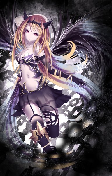 Anime picture 1200x1875 with original pixiv fantasia pixiv fantasia fallen kings yusuke (shiota) single tall image looking at viewer breasts blonde hair smile red eyes bare shoulders animal ears very long hair multicolored hair grey hair two-tone hair dark background arm behind head black wings