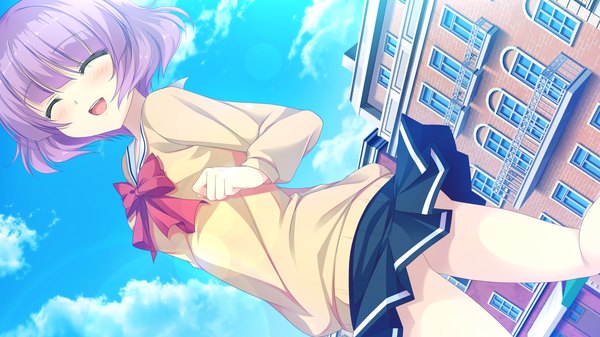 Anime picture 2560x1440 with mizu no miyako no patisserie blush highres short hair open mouth wide image game cg purple hair eyes closed girl skirt uniform school uniform miniskirt