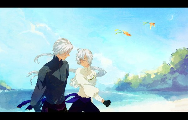 Anime picture 1079x689 with original pixiv fantasia samonya long hair smile yellow eyes white hair pink eyes light smile beach letterboxed girl boy gloves animal bird (birds)