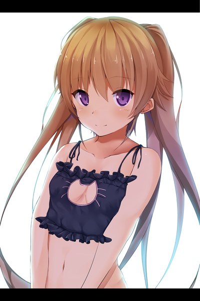 Anime picture 1600x2400 with ao no kanata no four rhythm sprite (company) arisaka mashiro ryuuguu yassuu single long hair tall image looking at viewer light erotic brown hair white background purple eyes twintails light smile letterboxed girl navel lingerie bra cat lingerie