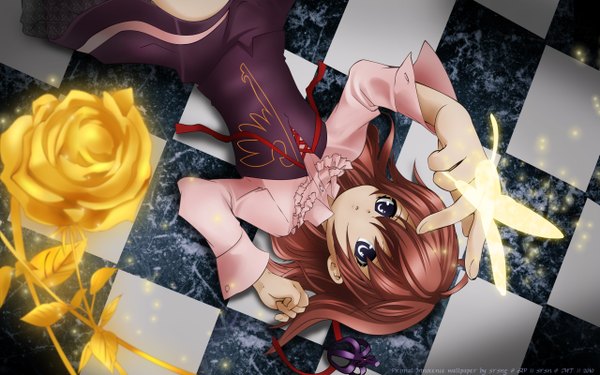 Anime picture 2560x1600 with umineko no naku koro ni ushiromiya maria srsn highres wide image red hair checkered floor checkered background girl flower (flowers) rose (roses) insect butterfly crown