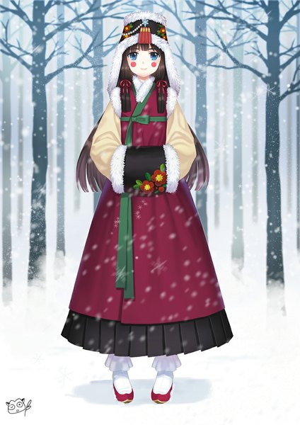 Anime picture 800x1132 with original briska single long hair tall image looking at viewer blue eyes black hair smile full body snowing winter bare tree girl dress plant (plants) tree (trees) cap snowflake (snowflakes)