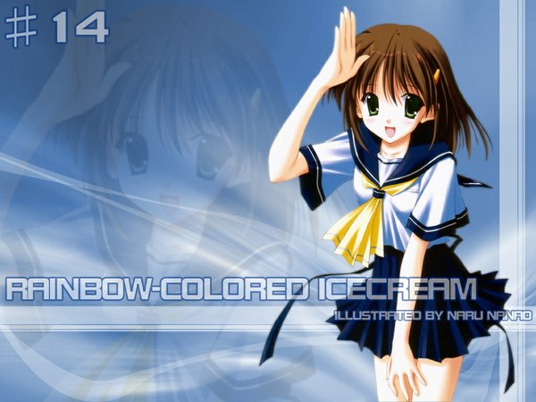 Anime picture 1024x768 with rainbow colored icecream nanao naru single looking at viewer short hair smile brown hair green eyes signed pleated skirt short sleeves copyright name zoom layer girl skirt uniform hair ornament serafuku blue skirt neckerchief