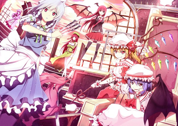 Anime picture 1200x849 with touhou the embodiment of scarlet devil flandre scarlet remilia scarlet izayoi sakuya patchouli knowledge hong meiling koakuma riki-to long hair looking at viewer blush short hair open mouth blonde hair smile red eyes standing sitting purple eyes