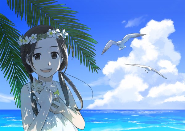 Anime picture 1200x853 with original morifumi single long hair looking at viewer open mouth smile brown hair twintails brown eyes sky cloud (clouds) :d hair flower girl dress hair ornament flower (flowers) plant (plants) animal