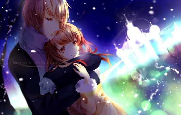 Anime picture 1037x663 with blizz long hair short hair blonde hair smile red eyes game cg couple hug light hug from behind girl boy scarf winter clothes