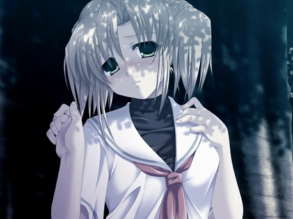 Anime picture 1024x768 with mahou hitotsu kudasaina (game) short hair blonde hair green eyes game cg girl uniform serafuku