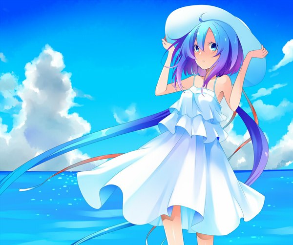 Anime picture 1000x837 with vocaloid aoki lapis temari (deae) single looking at viewer blush blue eyes bare shoulders sky cloud (clouds) multicolored hair two-tone hair girl dress ribbon (ribbons) hat water white dress sundress hat ribbon