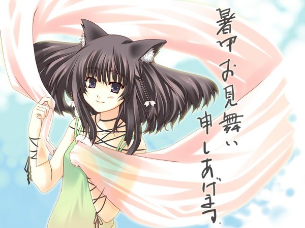 Anime picture 1024x768 with tachibana yuu single blush short hair black hair smile animal ears black eyes cat ears cropped girl sash cloth