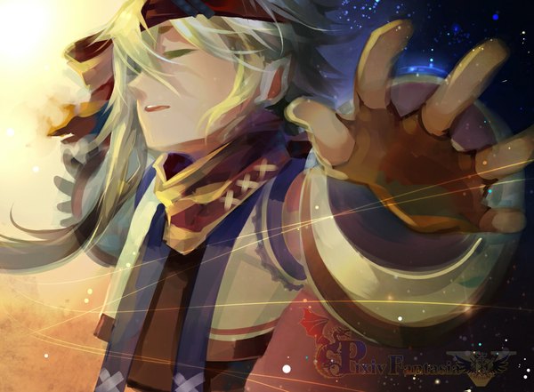 Anime picture 1000x736 with original pixiv fantasia pixiv fantasia v lc hi ji (saiyki) single short hair blonde hair eyes closed pointy ears inscription spread arms boy hairband fingerless gloves