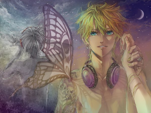 Anime picture 1024x768 with vocaloid kagamine len ena1215 short hair blonde hair sky cloud (clouds) nail polish aqua eyes tattoo solo focus pov insect wings butterfly wings boy earrings bracelet headphones moon star (stars)