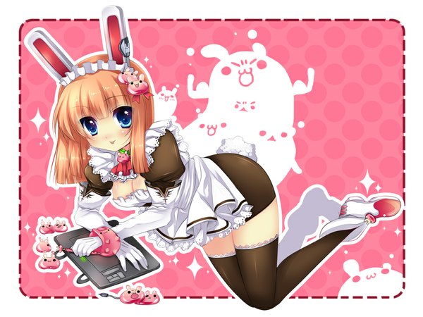 Anime picture 1024x768 with usagihime blue eyes light erotic orange hair maid bunny ears border girl thighhighs hair ornament black thighhighs boots apron
