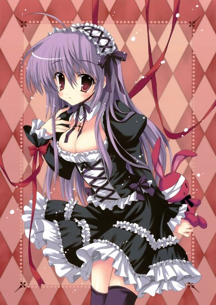 Anime picture 2502x3530 with mitha single long hair tall image highres light erotic brown hair cleavage purple hair lolita fashion bandage over one eye girl dress ribbon (ribbons) toy stuffed animal bonnet bunny