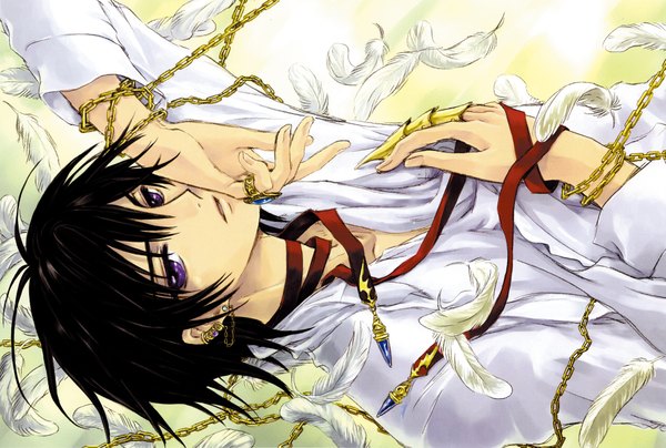 Anime picture 4693x3167 with code geass sunrise (studio) clamp lelouch lamperouge single highres short hair black hair purple eyes absurdres lying piercing light boy ribbon (ribbons) shirt wings white shirt chain jewelry