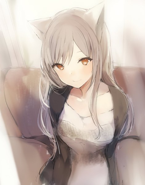 Anime picture 1206x1535 with original lpip single long hair tall image looking at viewer blush fringe smile brown eyes animal ears upper body grey hair cat ears cat girl sketch girl cardigan