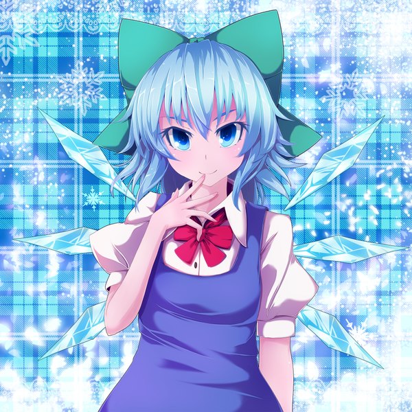 Anime picture 1968x1968 with touhou cirno nikka (cryptomeria) single looking at viewer highres short hair blue eyes smile blue hair finger to mouth snowing girl dress bow hair bow wings snowflake (snowflakes) ice