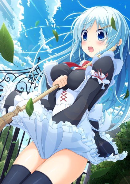 Anime picture 905x1280 with original iwamoto sora single long hair tall image blush open mouth blue eyes light erotic blue hair sky cloud (clouds) wind maid girl thighhighs dress uniform black thighhighs leaf (leaves)