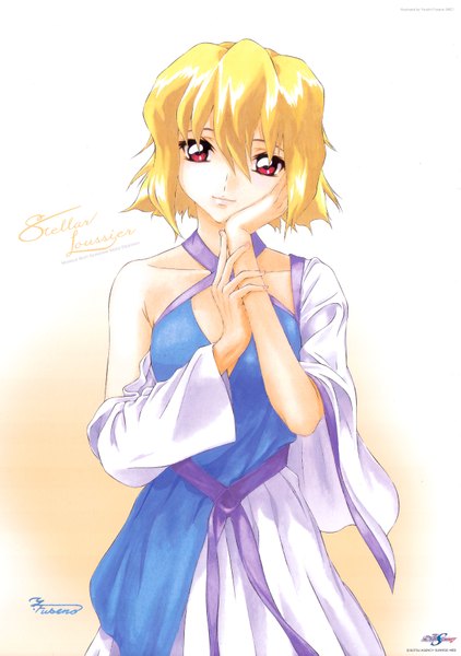 Anime picture 2500x3558 with mobile suit gundam gundam seed destiny sunrise (studio) stellar loussier fukano youichi single tall image highres short hair simple background blonde hair hair between eyes red eyes white background absurdres light smile girl dress