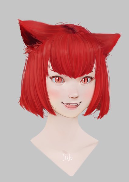 Anime picture 2480x3508 with original milk (jubi) jubi (regiana) single tall image looking at viewer fringe highres short hair simple background red eyes signed animal ears red hair blunt bangs cat ears realistic grey background teeth portrait