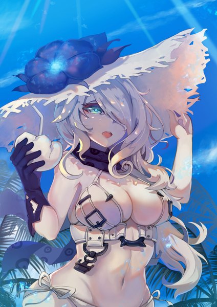 Anime picture 1240x1754 with kantai collection seaport summer hime vococo single long hair tall image looking at viewer fringe breasts open mouth blue eyes light erotic white background holding white hair sunlight hair over one eye bare belly glowing adjusting hat
