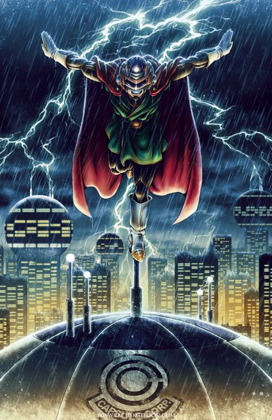 Anime picture 1600x2473 with dragon ball dragon ball z son gohan zach smithson single tall image standing cloud (clouds) full body city spread arms rain glow lightning electricity storm boy building (buildings) cape knee boots