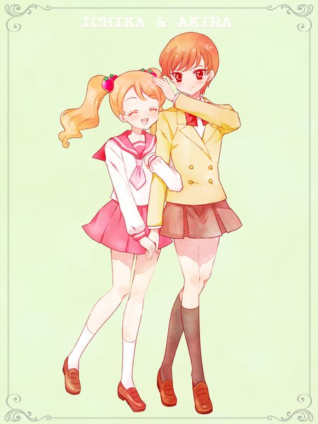 Anime picture 750x1000 with precure kirakira precure a la mode toei animation usami ichika kenjou akira nene (oneoneo13) long hair tall image blush fringe short hair open mouth simple background red eyes brown hair standing twintails multiple girls holding full body
