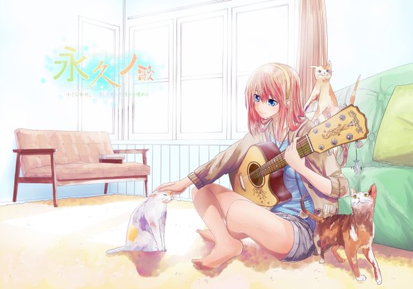 Anime picture 3000x2100 with vocaloid megurine luka sweeter (h110111) single long hair highres blue eyes pink hair absurdres barefoot light smile no shoes girl shorts window pillow cat sweater couch guitar