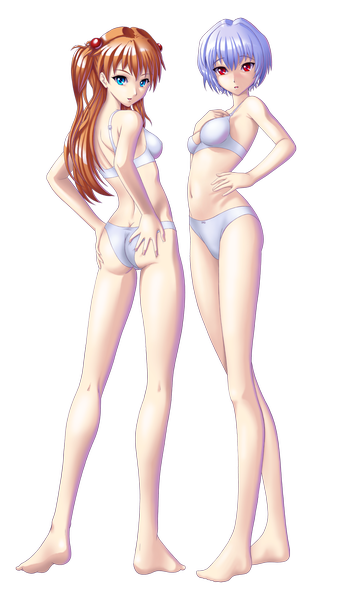Anime picture 900x1600 with neon genesis evangelion gainax soryu asuka langley ayanami rei evilflesh (artist) long hair tall image looking at viewer short hair blue eyes light erotic red eyes brown hair multiple girls purple hair full body ass looking back light smile from behind