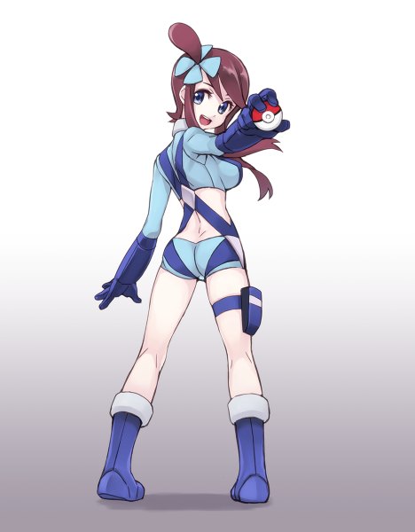 Anime picture 936x1200 with pokemon pokemon black and white nintendo skyla (pokemon) matsuryuu single long hair tall image looking at viewer breasts open mouth blue eyes brown hair ass from behind gradient background turning head girl gloves boots
