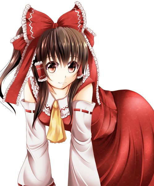 Anime picture 3500x4212 with touhou hakurei reimu mazakura senju single long hair tall image looking at viewer highres black hair simple background red eyes white background absurdres traditional clothes miko girl bow hair bow detached sleeves frills