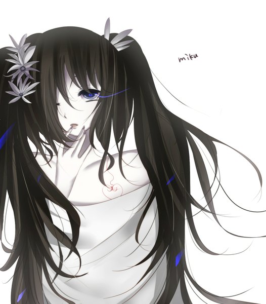 Anime picture 1696x1936 with original yue (id4220878) single long hair tall image blue eyes black hair white background twintails hair flower finger to mouth girl hair ornament
