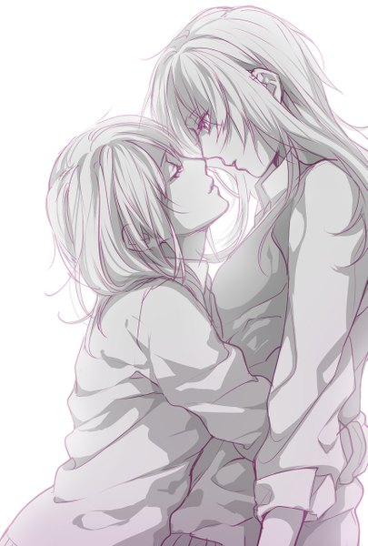 Anime picture 865x1280 with original tayuya1130 long hair tall image short hair simple background white background multiple girls eyes closed grey hair grey eyes hug looking down monochrome shoujo ai face to face almost kiss sketch girl uniform